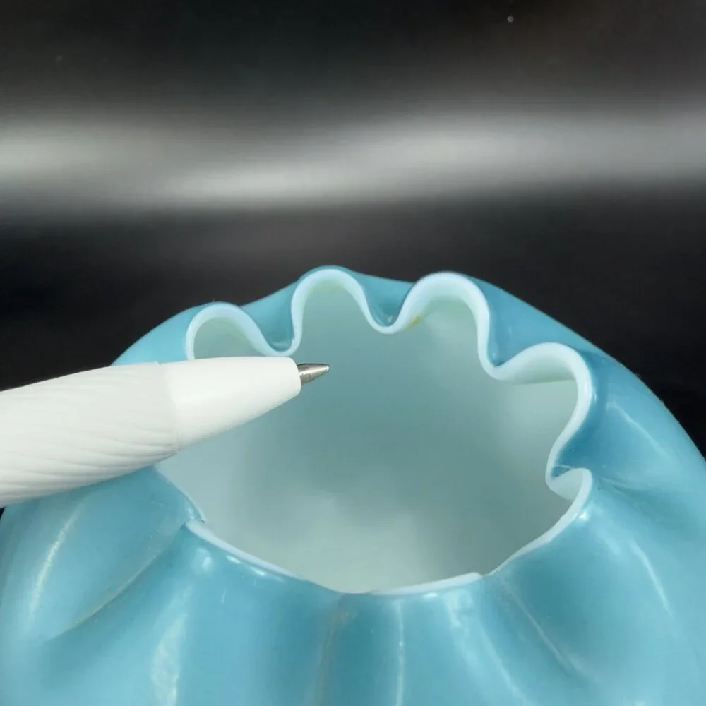 Antique Aqua‎ Cased Glass Rose Bow Blue Ombre Dish Bowl Crimped Trinket Holder